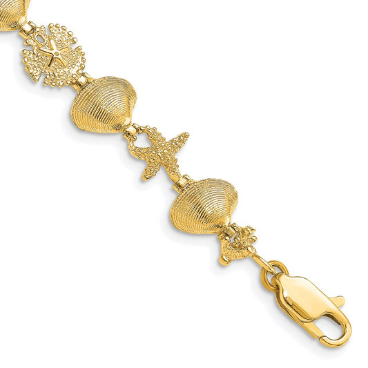 14K Polished Sand Dollar/Clam Shell/Starfish 7.25 inch Bracelet