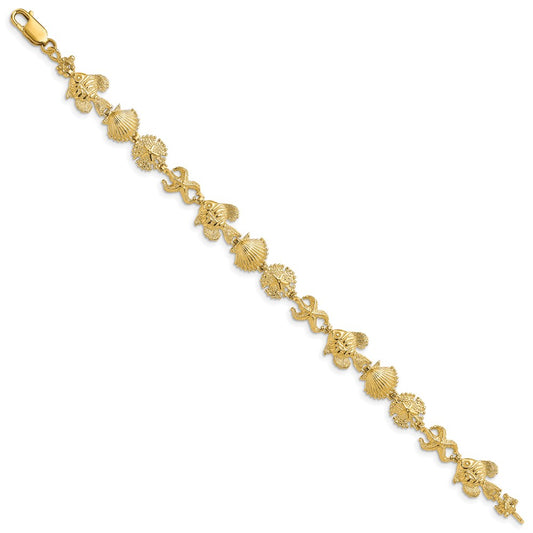 14k Polished and Textured Sea Life 7 inch Bracelet