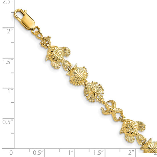 14k Polished and Textured Sea Life 7 inch Bracelet