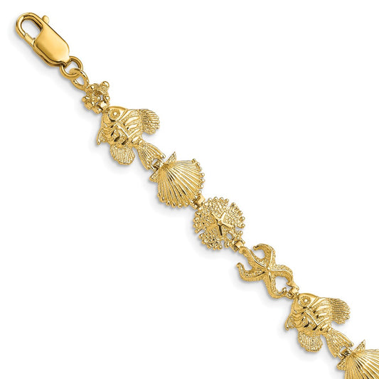 14k Polished and Textured Sea Life 7 inch Bracelet