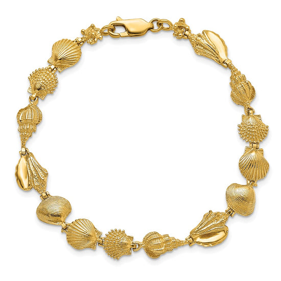 14k Polished Assorted Sea Shells 7.25 inch Bracelet