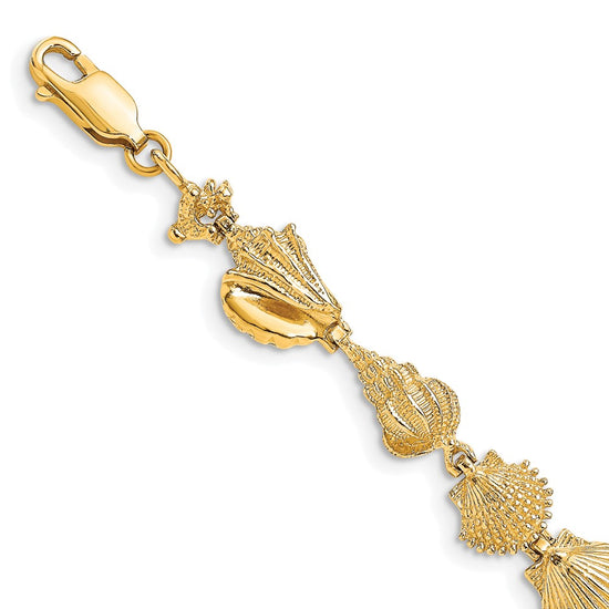 14k Polished Assorted Sea Shells 7.25 inch Bracelet
