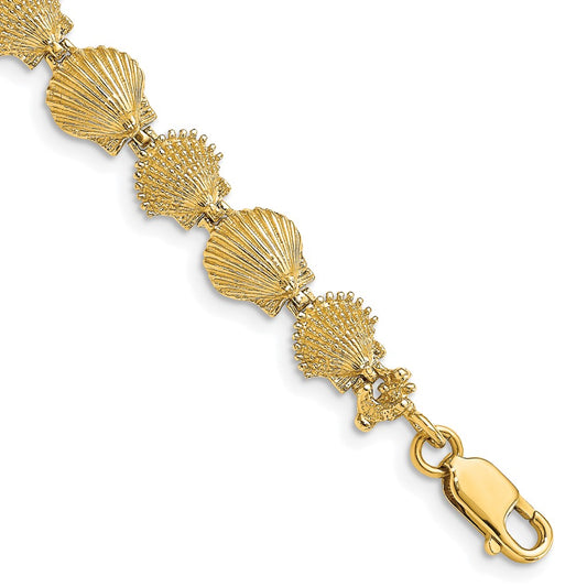 14K Polished and Textured Scallop Shell 7 inch Bracelet