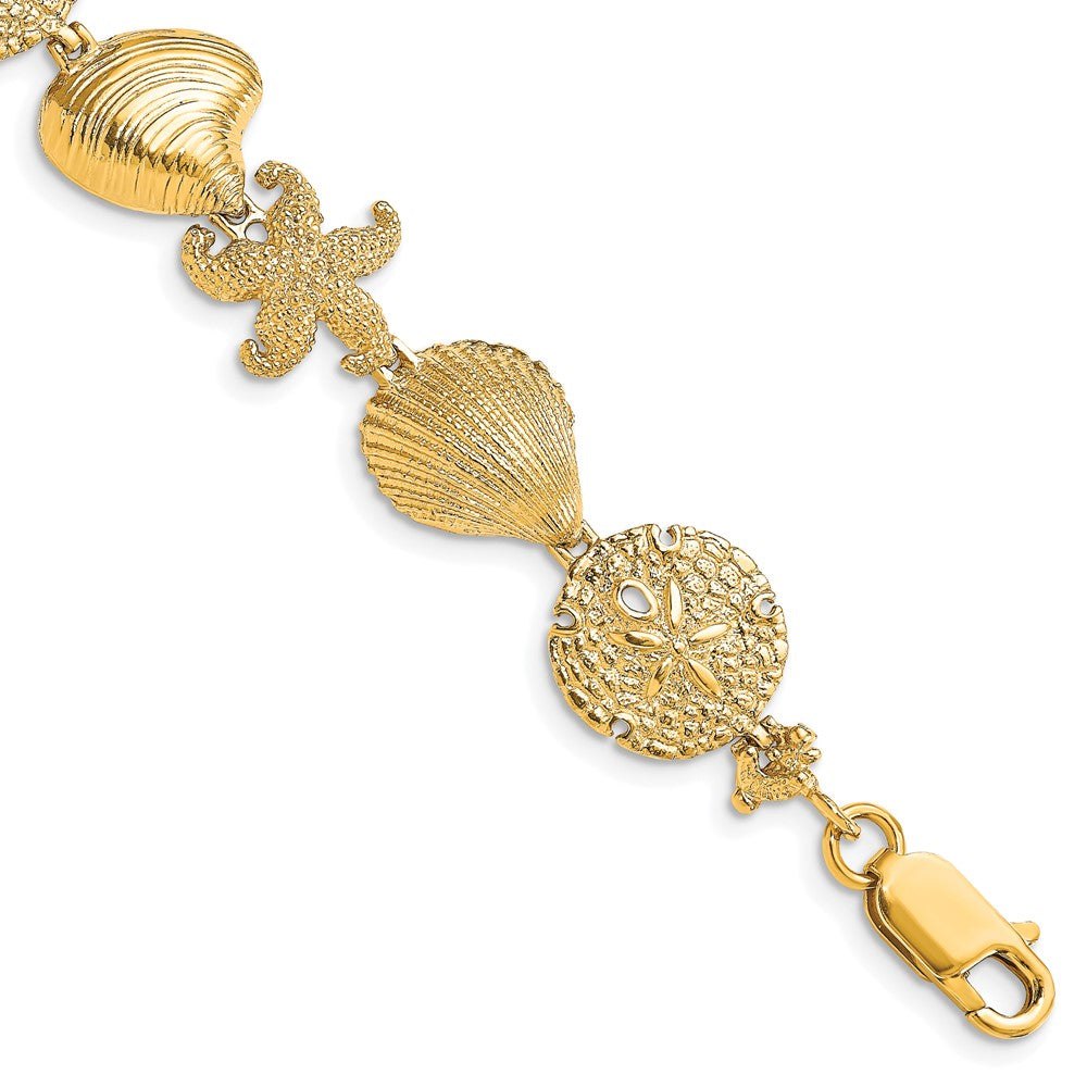 14K Polished Starfish/Shell/Clam Link 7.5 inch Bracelet