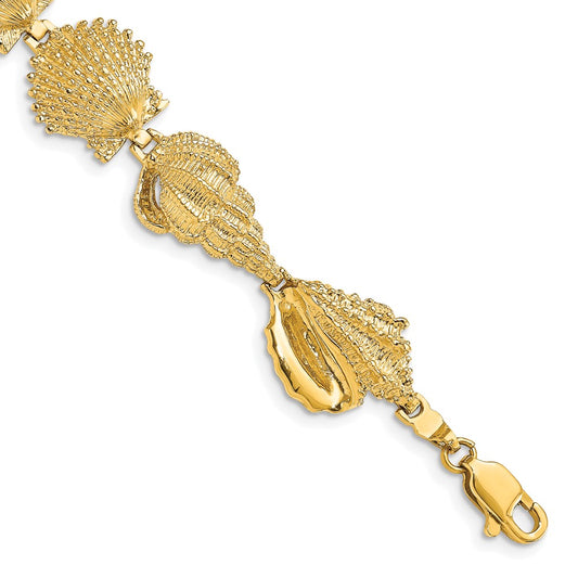 14k Polished Assorted Sea Shells 7.25 inch Bracelet
