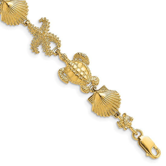 14K Polished Turtle/Shell/Starfish 7.5 inch Bracelet