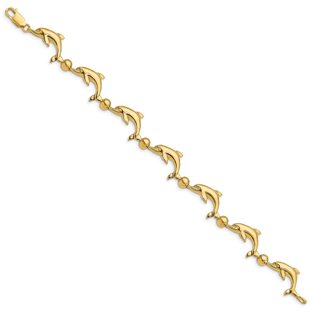 14k Polished Dolphin and Bead 7.5 inch Bracelet