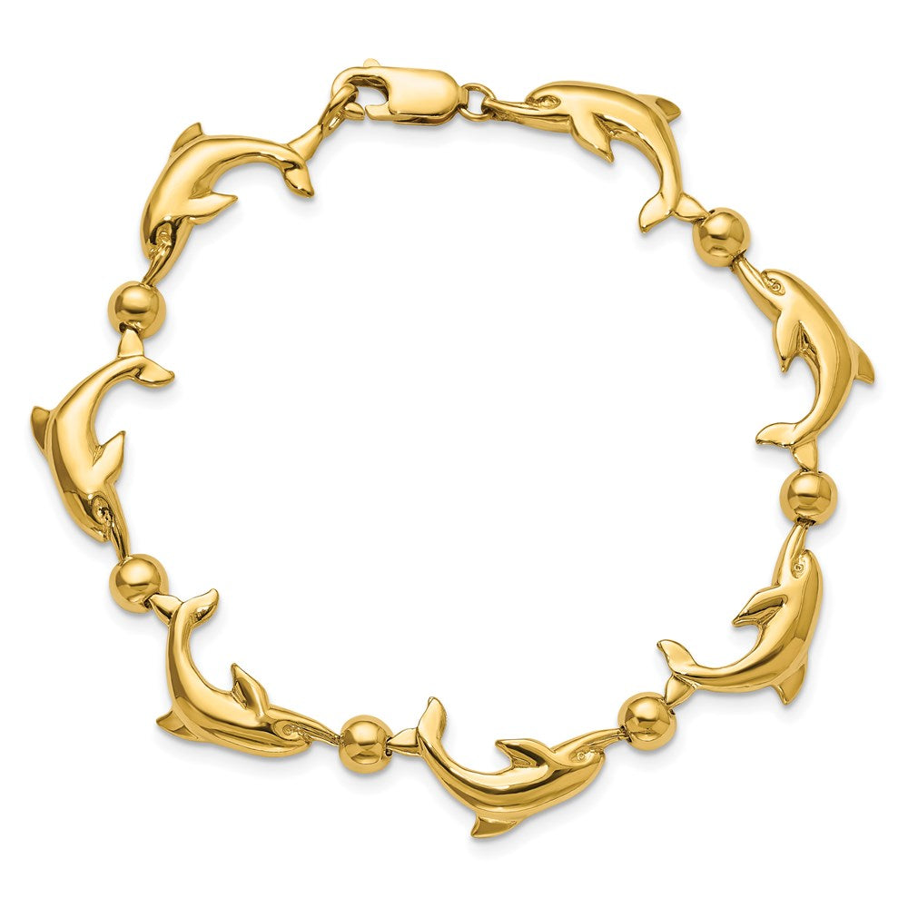 14k Polished Dolphin and Bead 7.5 inch Bracelet