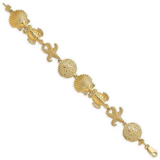 14k Polished Sand Dollar/Starfish/Turtle Link 7 inch Bracelet