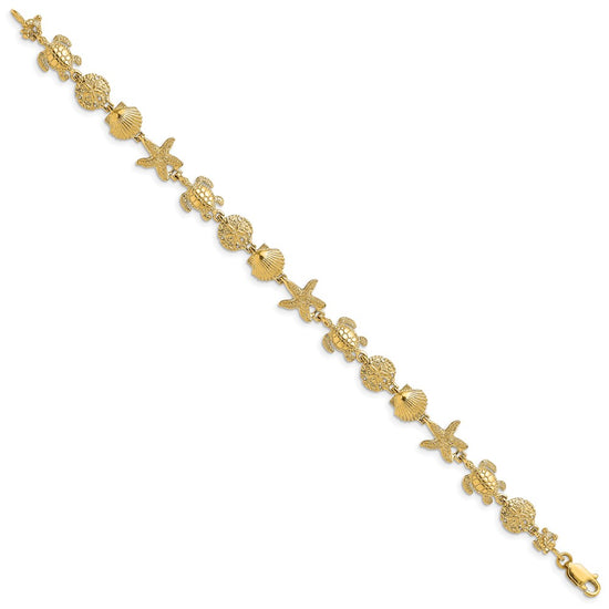 14K Polished Turtle/Sand Dollar/Shell/Starfish Link 8 inch Bracelet