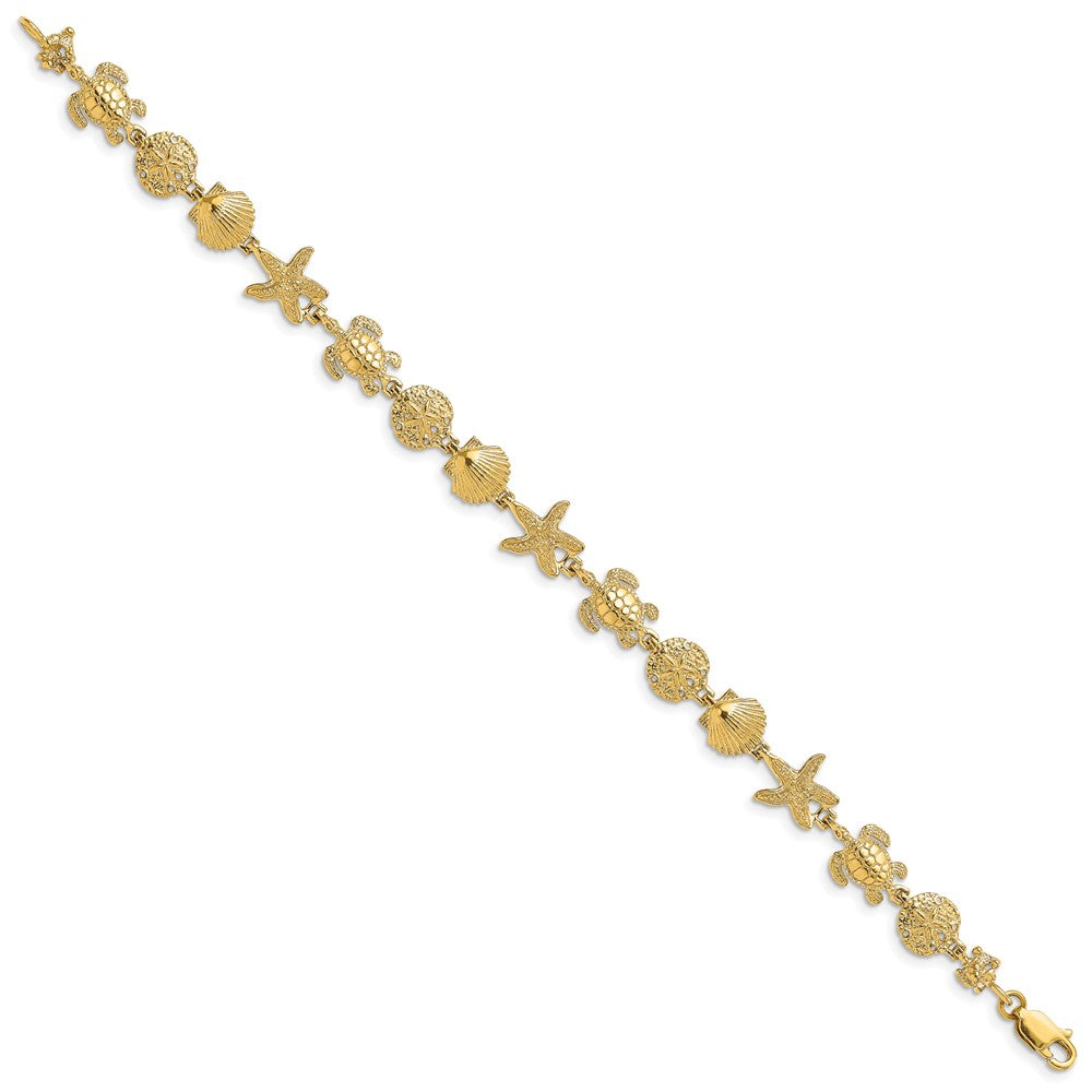 14K Polished Turtle/Sand Dollar/Shell/Starfish Link 8 inch Bracelet