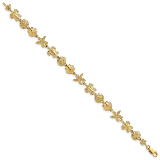 14K Polished Turtle/Sand Dollar/Shell/Starfish Link 8 inch Bracelet