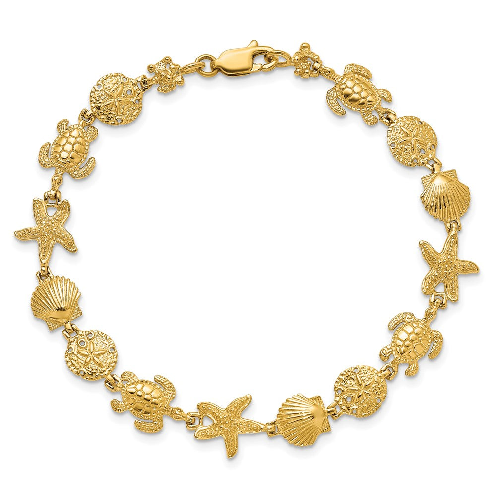 14K Polished Turtle/Sand Dollar/Shell/Starfish Link 8 inch Bracelet
