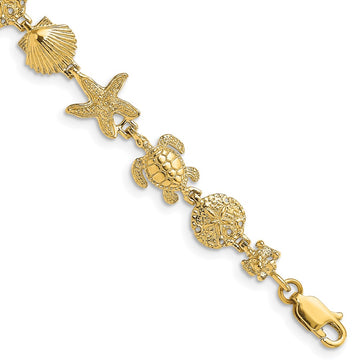 14K Polished Turtle/Sand Dollar/Shell/Starfish Link 8 inch Bracelet