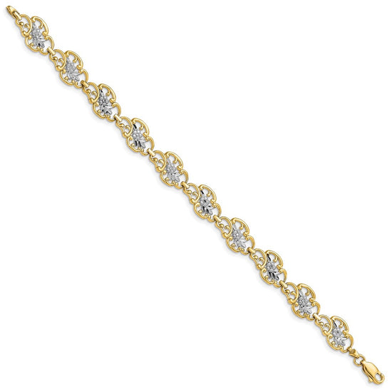 14k and White Rhodium Diamond-Cut Fancy Floral Filigree 7.25 inch Bracelet