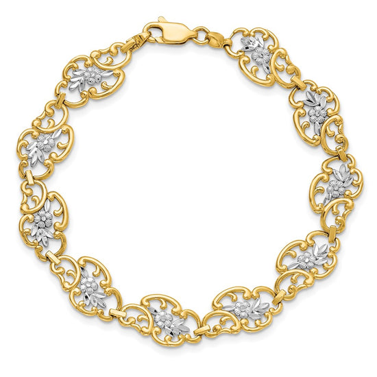 14k and White Rhodium Diamond-Cut Fancy Floral Filigree 7.25 inch Bracelet