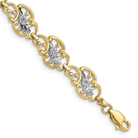 14k and White Rhodium Diamond-Cut Fancy Floral Filigree 7.25 inch Bracelet