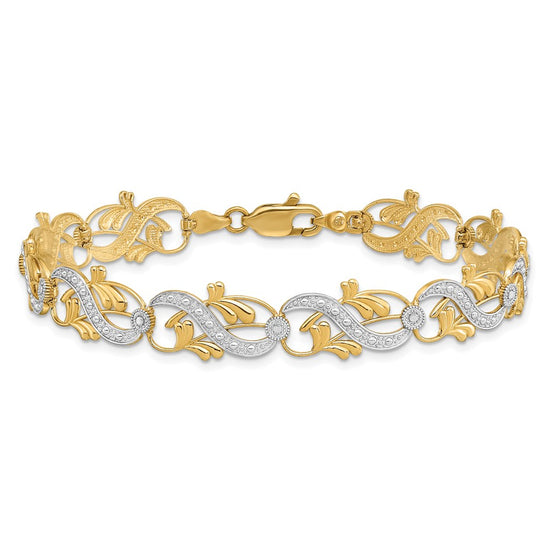 14K and White Rhodium Diamond-Cut Fancy Waves and Leaves 7.5 inch Bracelet