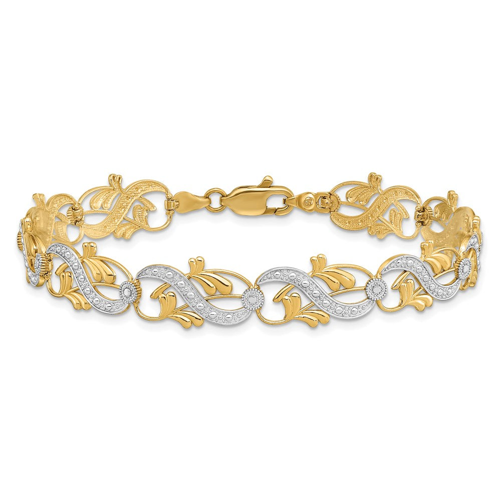 14K and White Rhodium Diamond-Cut Fancy Waves and Leaves 7.5 inch Bracelet