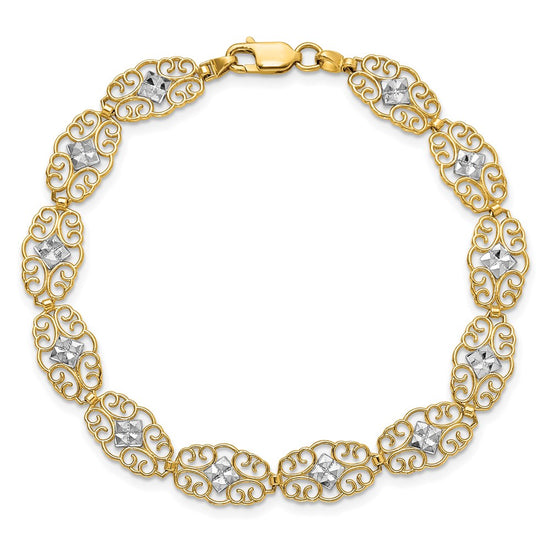 14k and White Rhodium Diamond-Cut Fancy Filigree 7.25 inch Bracelet