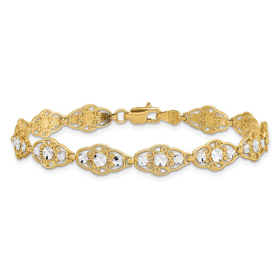14k and White Rhodium Diamond-Cut Fancy Filigree 7.25 inch Bracelet