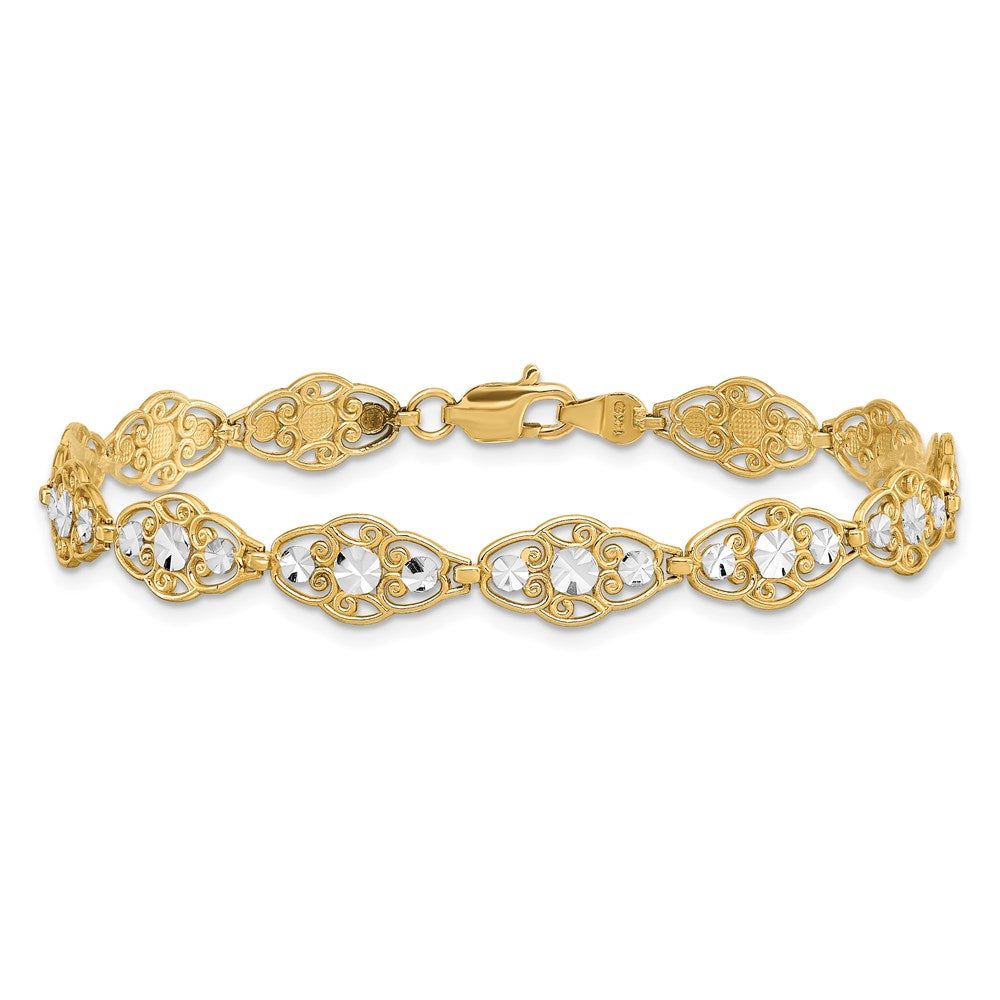 14k and White Rhodium Diamond-Cut Fancy Filigree 7.25 inch Bracelet