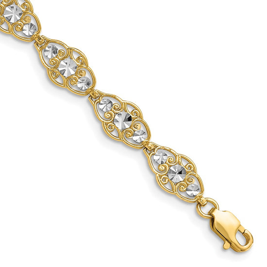 14k and White Rhodium Diamond-Cut Fancy Filigree 7.25 inch Bracelet