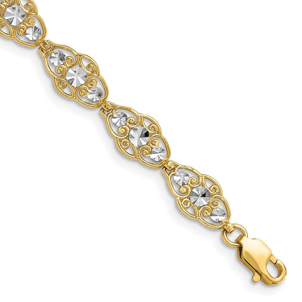 14k and White Rhodium Diamond-Cut Fancy Filigree 7.25 inch Bracelet