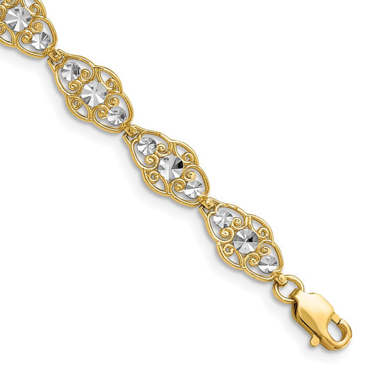 14k and White Rhodium Diamond-Cut Fancy Filigree 7.25 inch Bracelet