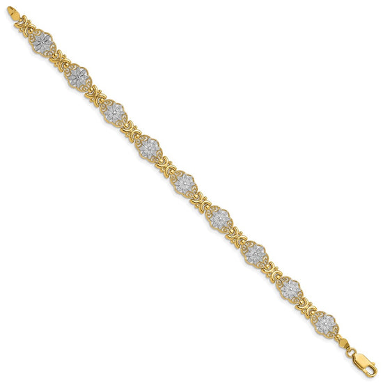 14k and White Rhodium Polished and Textured Fancy Floral Link 7.5 inch Bracelet