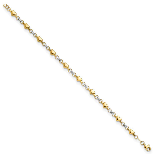 14K Two-tone Polished Puffed Hearts with Diamond-cut Beads 7.5 inch Bracelet