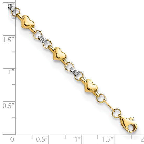 14K Two-tone Polished Puffed Hearts with Diamond-cut Beads 7.5 inch Bracelet