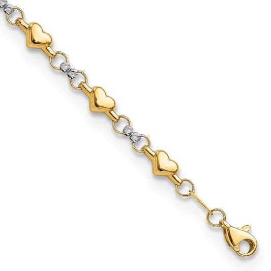 14K Two-tone Polished Puffed Hearts with Diamond-cut Beads 7.5 inch Bracelet