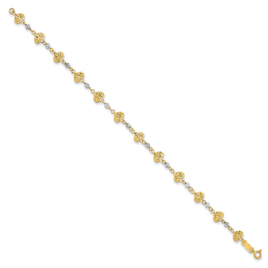 14K Two-tone Diamond-cut Hearts and Beads 7 inch Bracelet