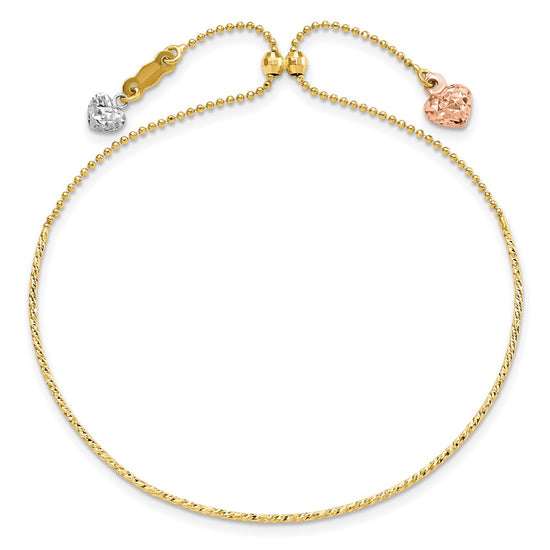 14K Tri-color Diamond-cut Heart Dangles Half Bangle Adjustable Bracelet