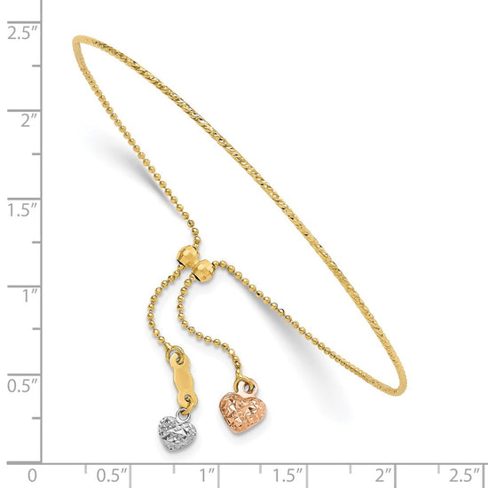 14K Tri-color Diamond-cut Heart Dangles Half Bangle Adjustable Bracelet