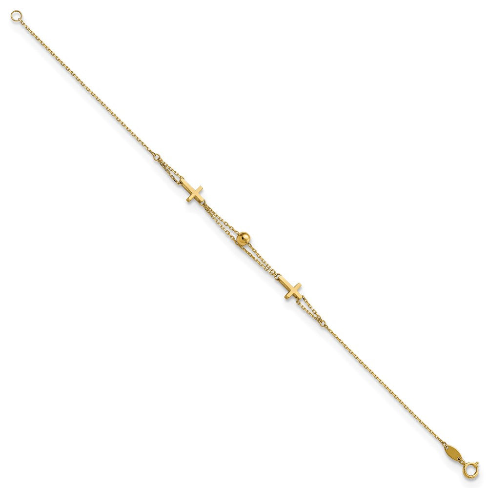 14K Polished Double Strand Cross and Bead 7.5 inch Bracelet