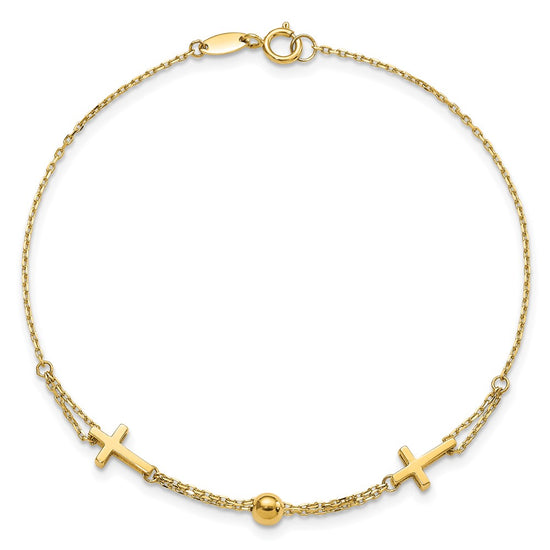 14K Polished Double Strand Cross and Bead 7.5 inch Bracelet