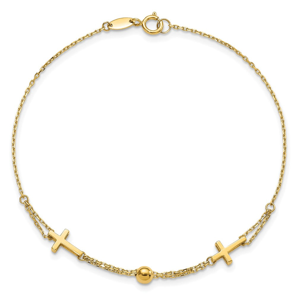 14K Polished Double Strand Cross and Bead 7.5 inch Bracelet