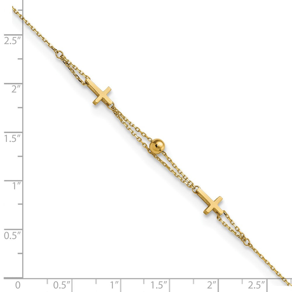 14K Polished Double Strand Cross and Bead 7.5 inch Bracelet