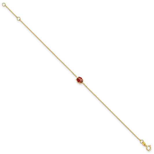 14k Polished Red and Black Enameled Ladybug 6.5 inch Plus 0.75 inch Extender Bracelet