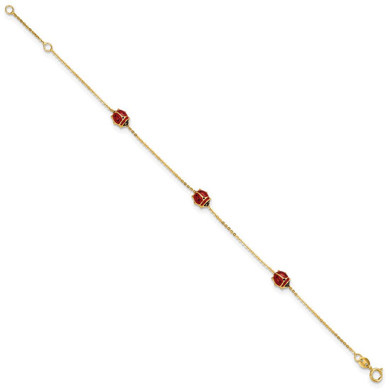 14k Polished Red and Black Enameled Ladybugs 6.5 inch Childrens Bracelet Plus 0.75 inch Extender