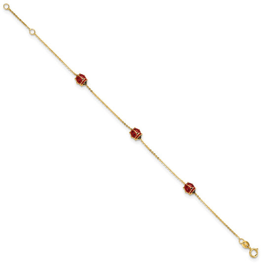 14k Polished Red and Black Enameled Ladybugs 6.5 inch Childrens Bracelet Plus 0.75 inch Extender