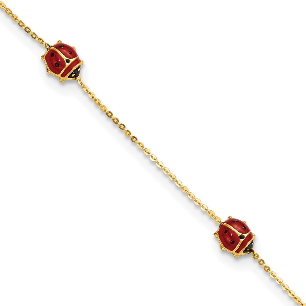 14k Polished Red and Black Enameled Ladybugs 6.5 inch Childrens Bracelet Plus 0.75 inch Extender