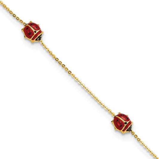 14k Polished Red and Black Enameled Ladybugs 6.5 inch Childrens Bracelet Plus 0.75 inch Extender