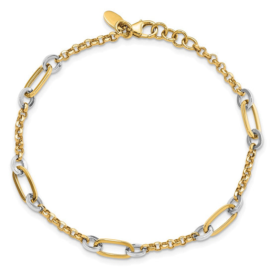 14K Two-tone Fancy Oval Link and Chain 7.25 inch Bracelet Plus 0.5 inch Extender