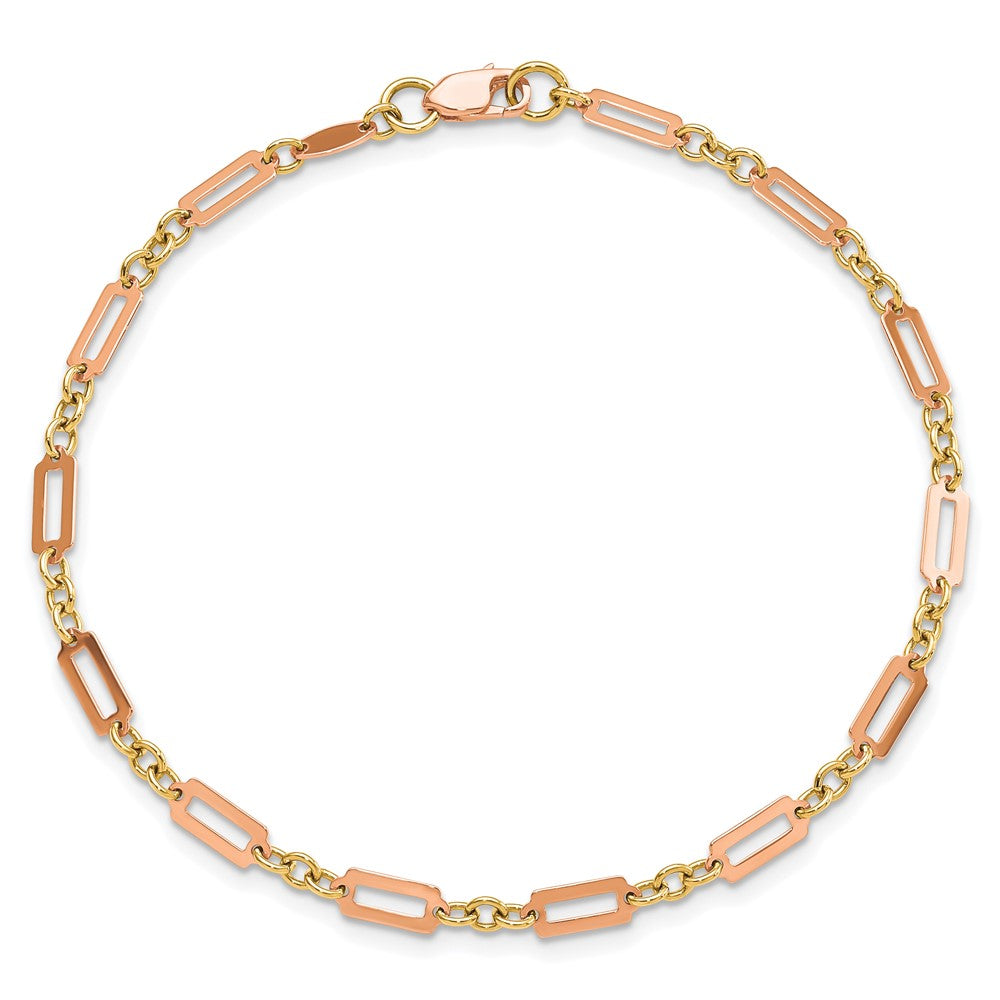 14k Two-tone Polished Fancy Rectangle Link 7.5 inch Bracelet