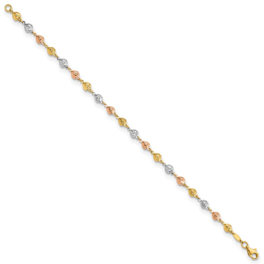 14K Tri-color Polished Diamond-Cut Hearts 7.5 inch Bracelet