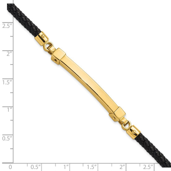 14K Polished 4mm Bar Braided Black Leather 8 inch Bracelet
