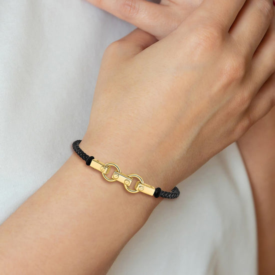 14K Polished Fancy Link Leather Bracelet